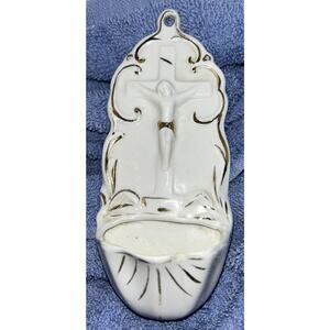 VTG Holy Water Font White Bisque Porcelain Hand Paint, Gold Trim 8". crucifix